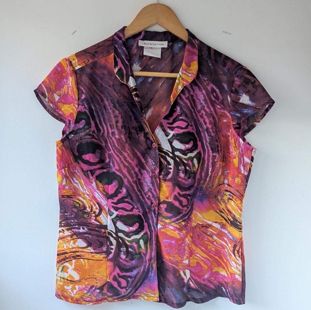 Vintage Sheer Watercolour Abstract Colourful Short Sleeve Button Up Top